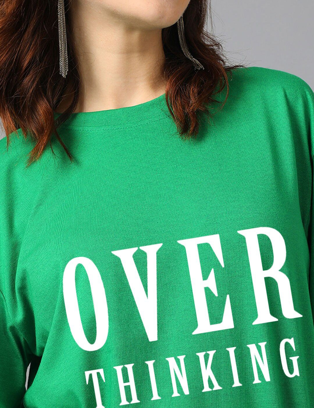 Kotty Green Typography Printed Drop-Shoulder Sleeves Oversized T-shirt