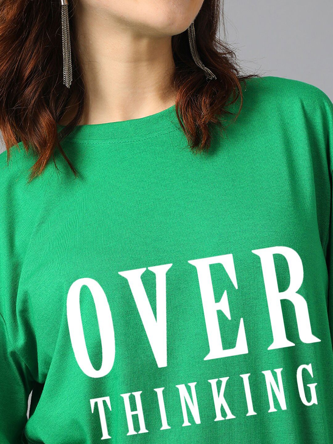 Kotty Green Typography Printed Drop-Shoulder Sleeves Oversized T-shirt