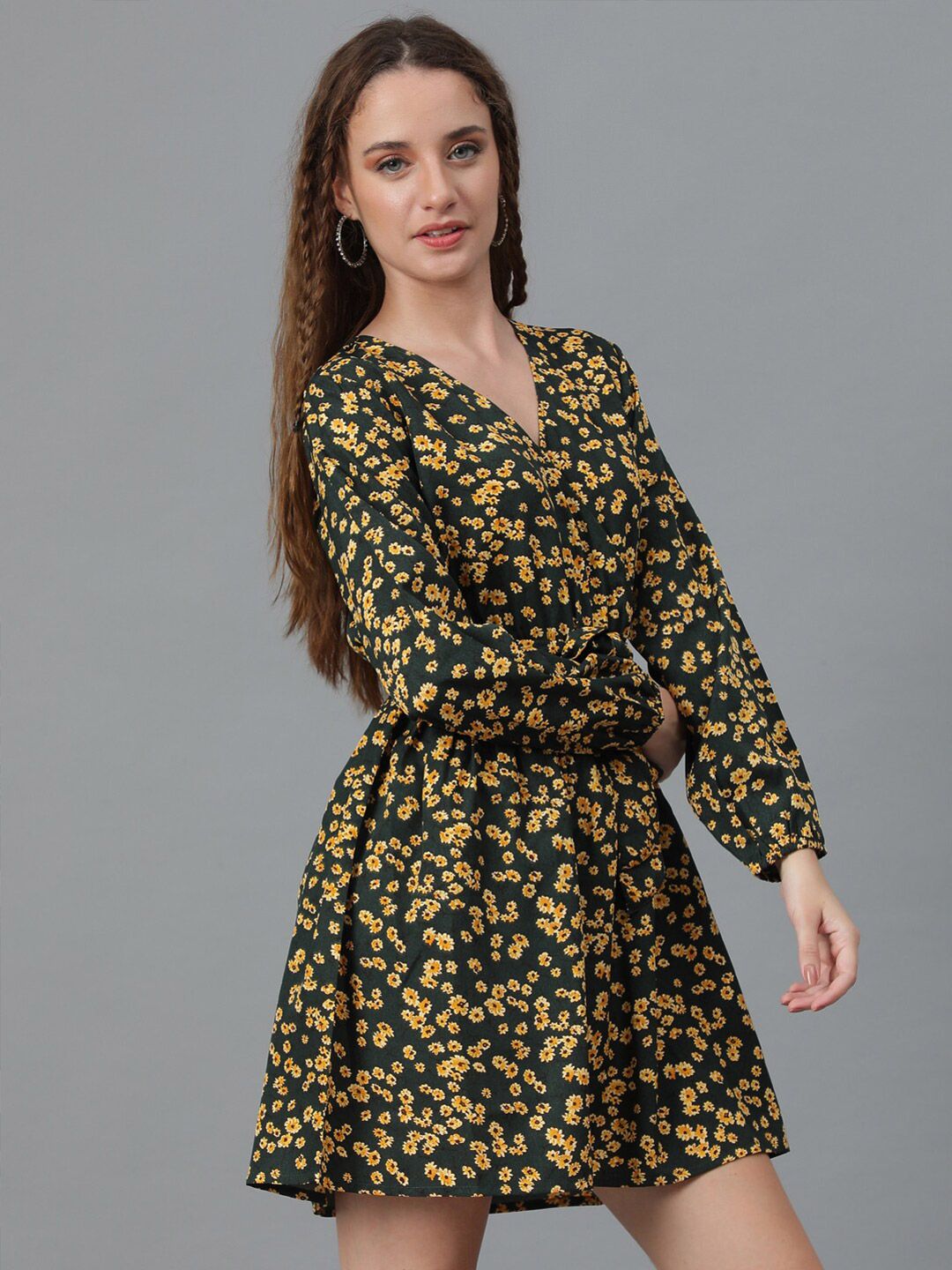 Kotty Olive Green Floral Print Puff Sleeve Fit & Flare Dress
