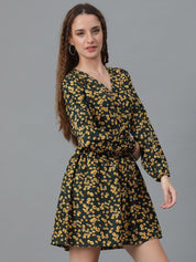 Kotty Olive Green Floral Print Puff Sleeve Fit & Flare Dress