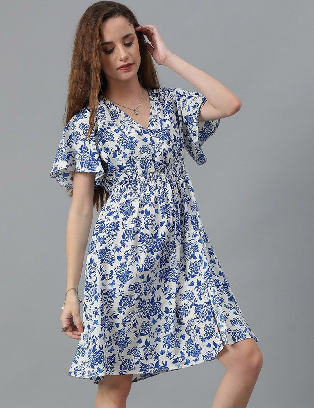 Kotty Blue Floral Print Flared Sleeve Fit & Flare Dress
