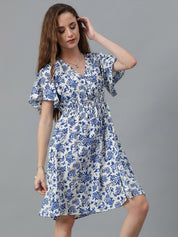 Kotty Blue Floral Print Flared Sleeve Fit & Flare Dress