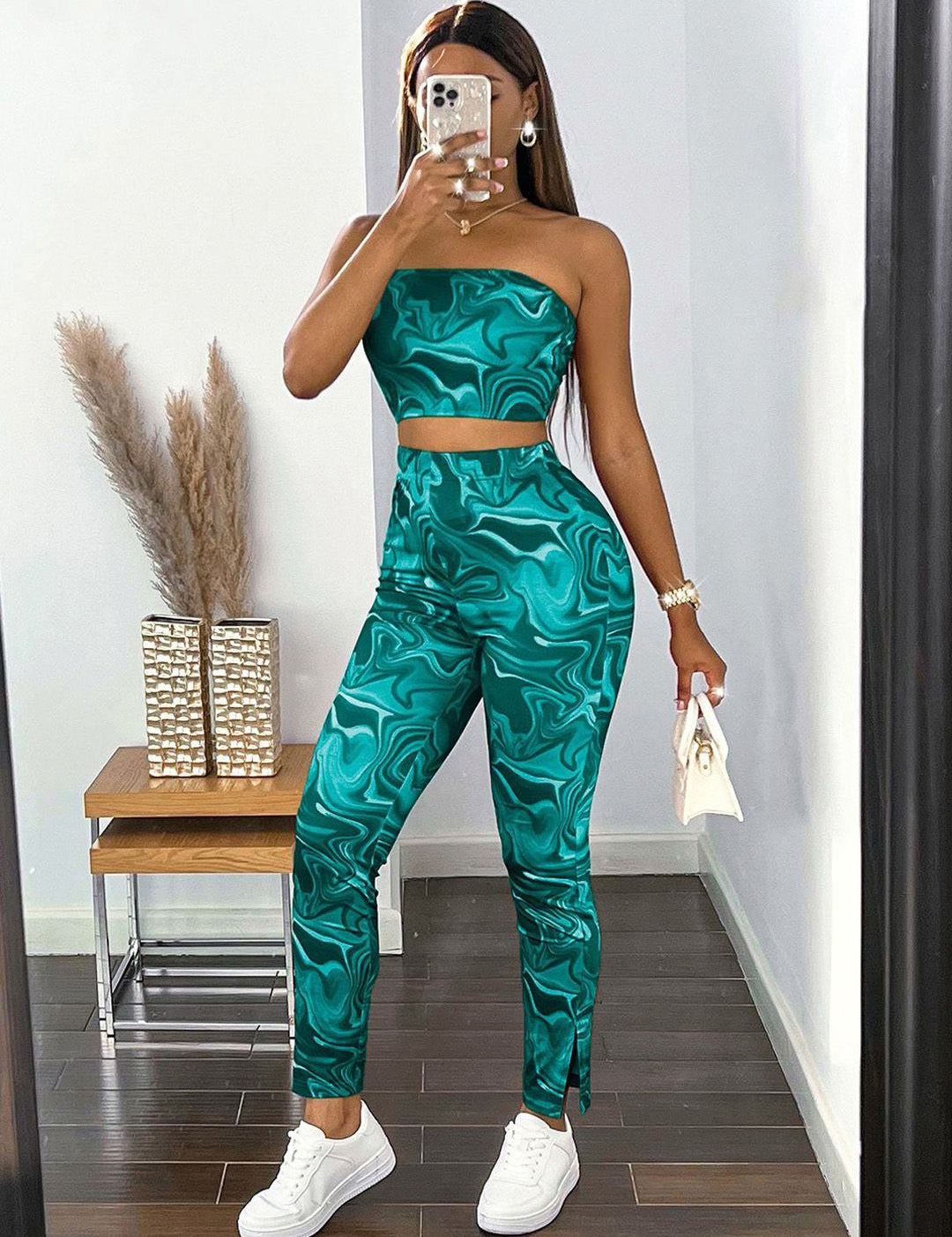 Kotty Teal Green Abstract Printed Strapless Top With Tights  