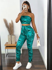 Kotty Teal Green Abstract Printed Strapless Top With Tights  