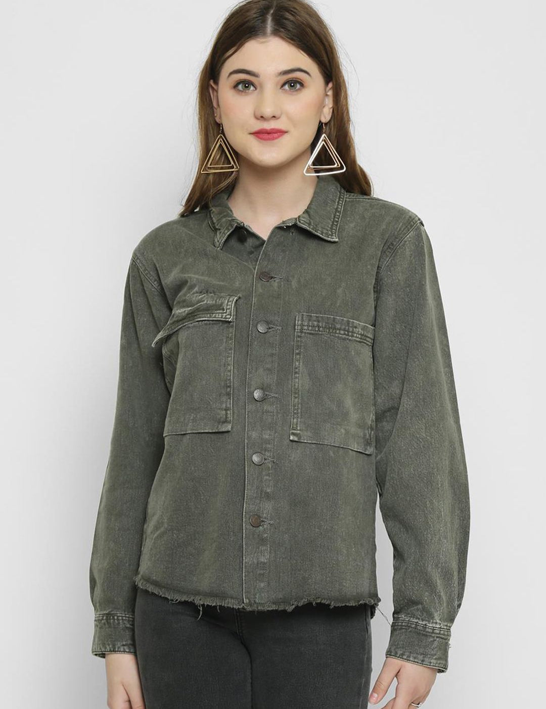 Kotty Women Olive Green Solid Denim Jacket