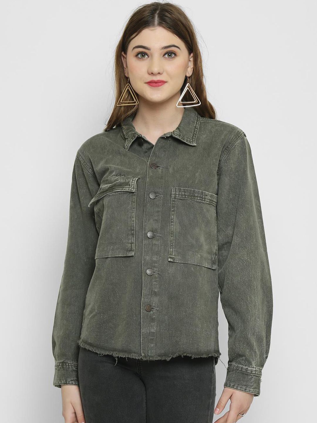 Kotty Women Olive Green Solid Denim Jacket
