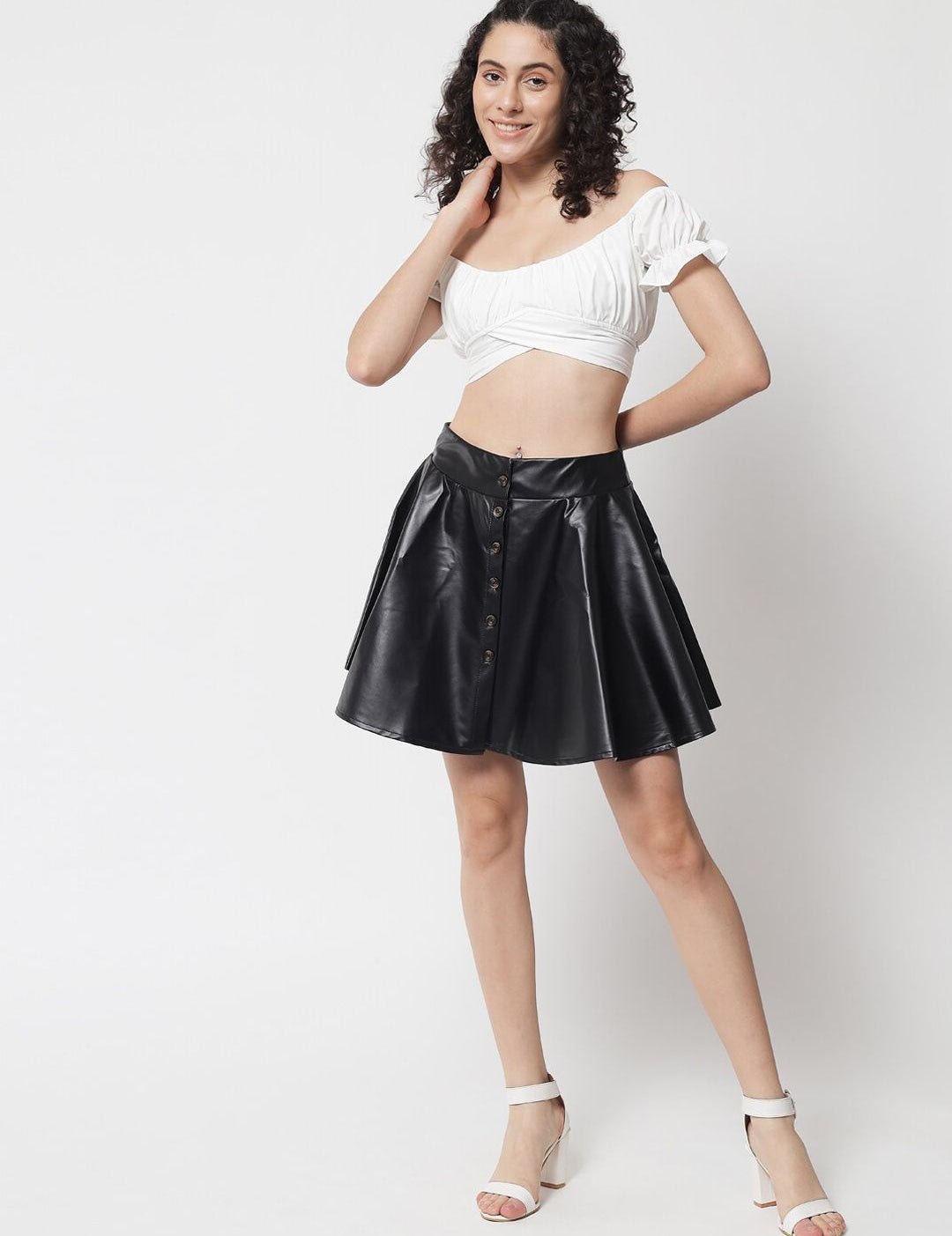 Kotty Women Black Solid Leather Flared Mini Skirts