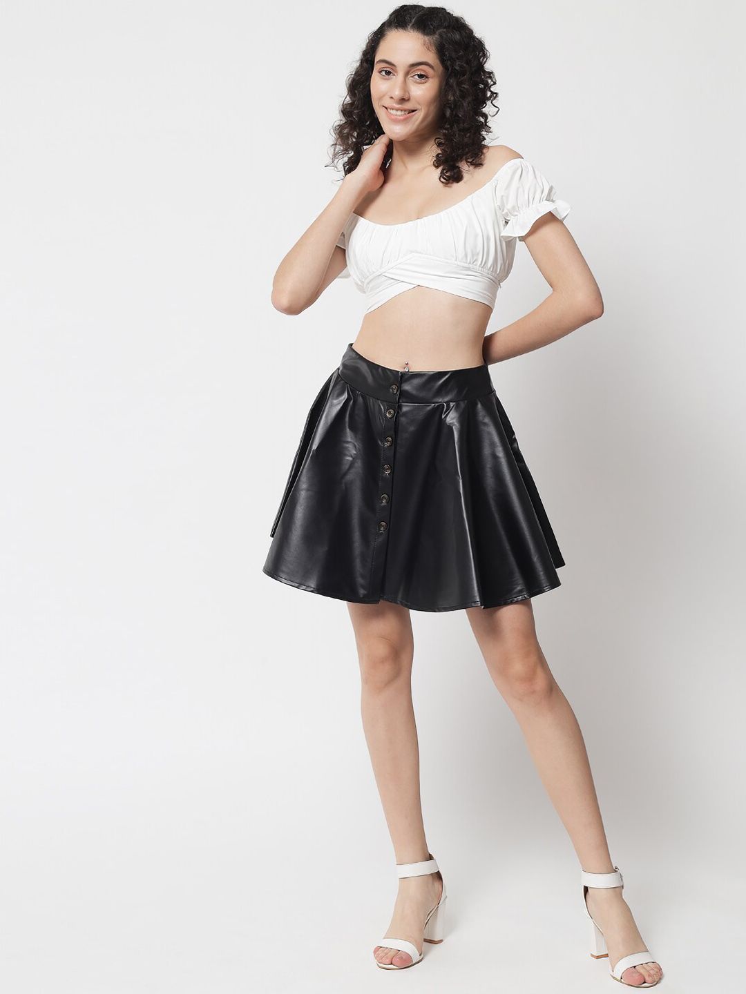 Kotty Women Black Solid Leather Flared Mini Skirts