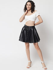 Kotty Women Black Solid Leather Flared Mini Skirts