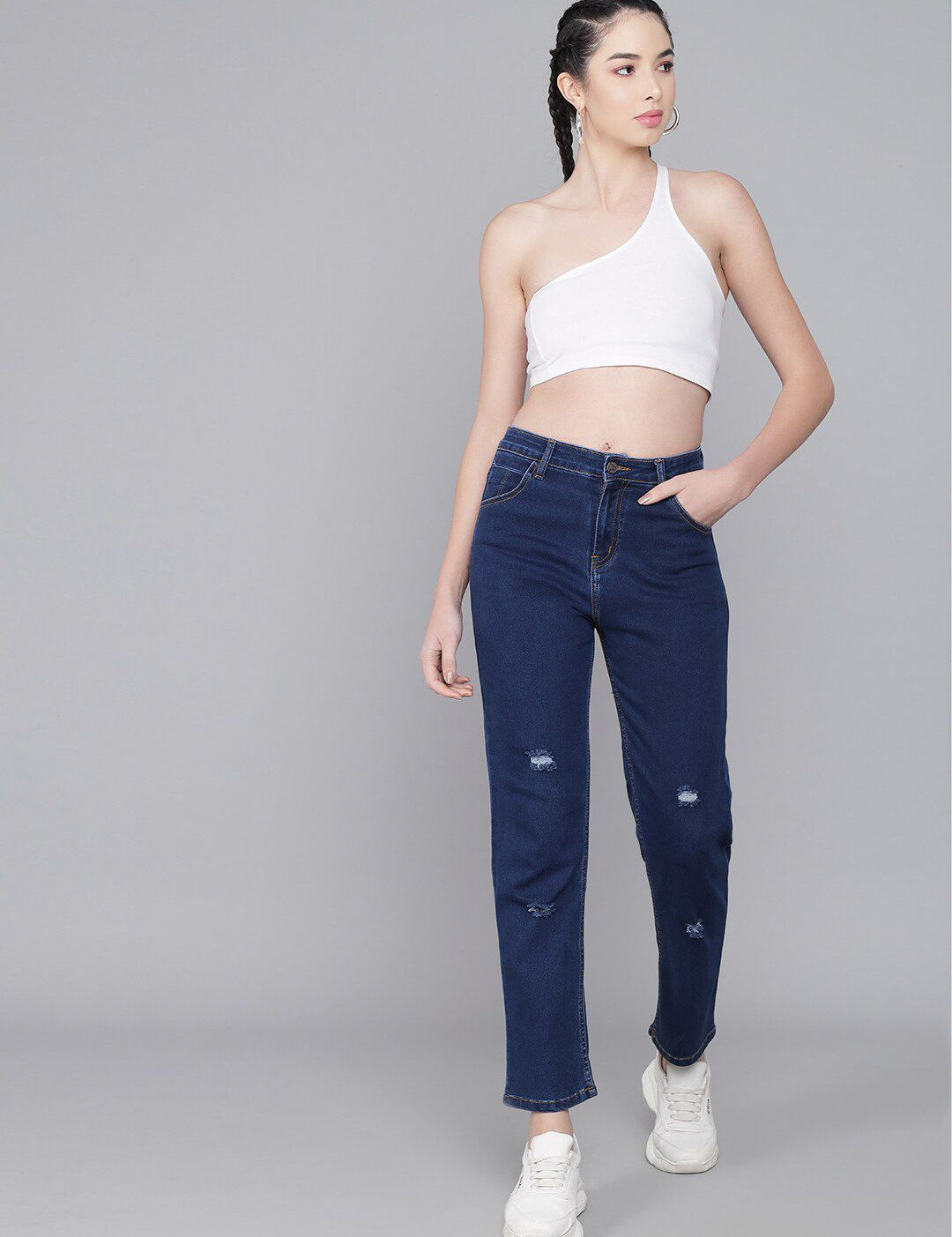 Kotty Women Blue Straight Fit High-Rise Low Distress Jeans