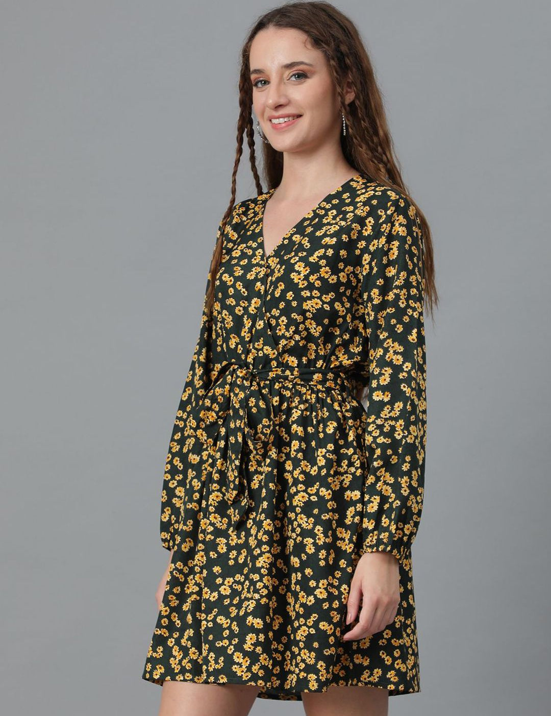 Kotty Yellow Floral Printed Puff Sleeves Fit & Flare Dress