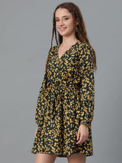 Kotty Yellow Floral Printed Puff Sleeves Fit & Flare Dress