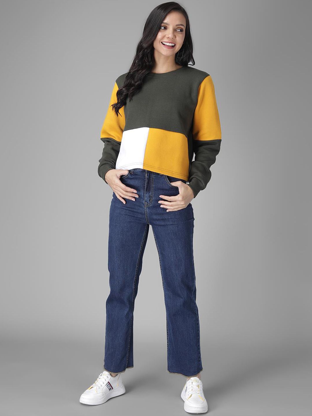 Kotty Women Olive Green & Yellow Colourblocked Sweatshirt