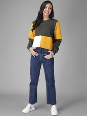 Kotty Women Olive Green & Yellow Colourblocked Sweatshirt
