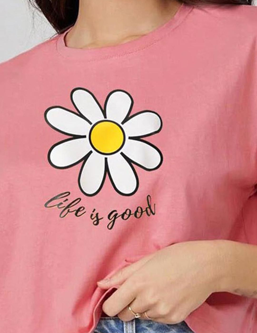 Kotty Pink Floral Printed Round Neck Drop-Shoulder Sleeves Oversized Crop T-shirt