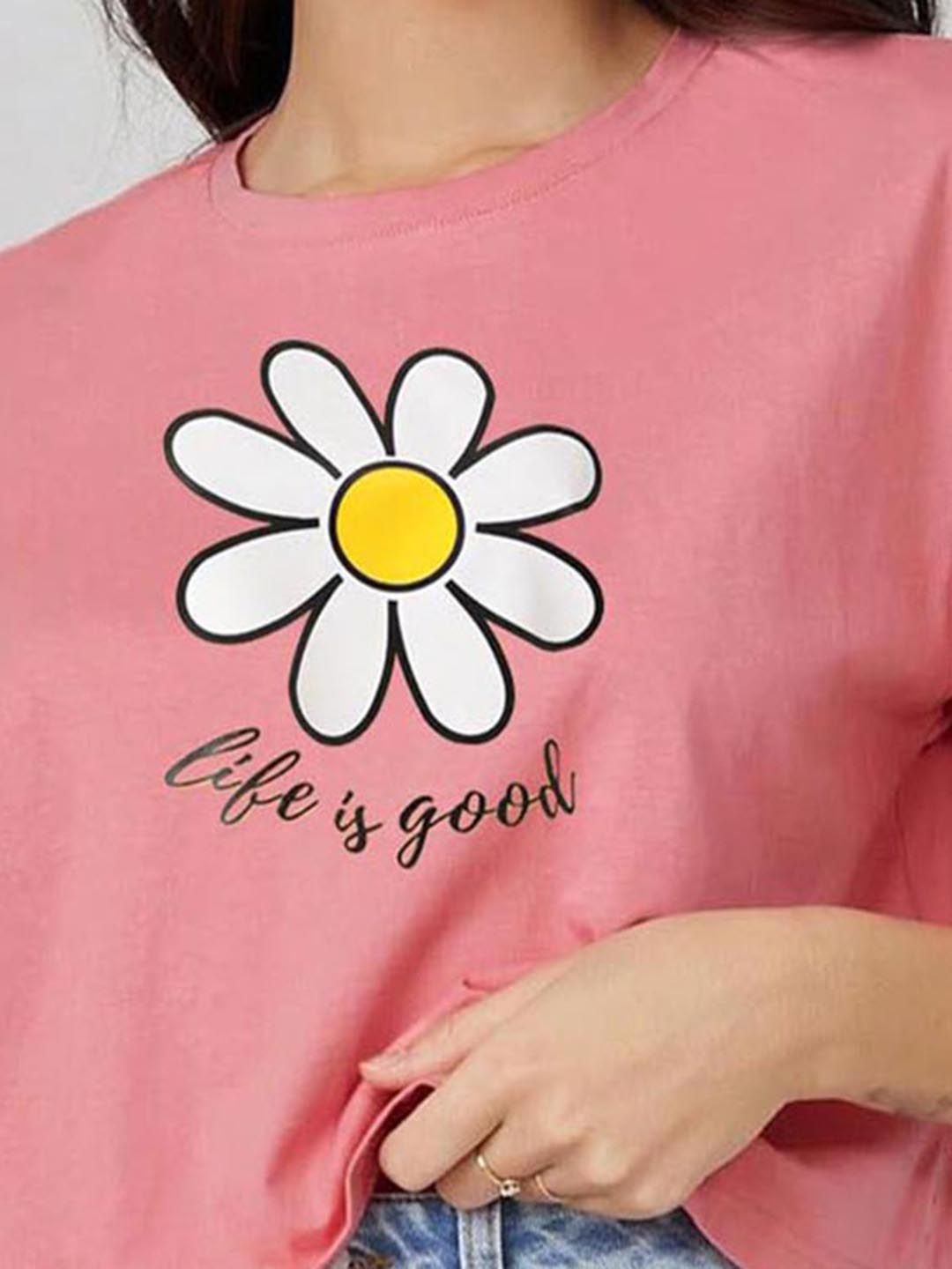 Kotty Pink Floral Printed Round Neck Drop-Shoulder Sleeves Oversized Crop T-shirt