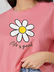 Kotty Pink Floral Printed Round Neck Drop-Shoulder Sleeves Oversized Crop T-shirt