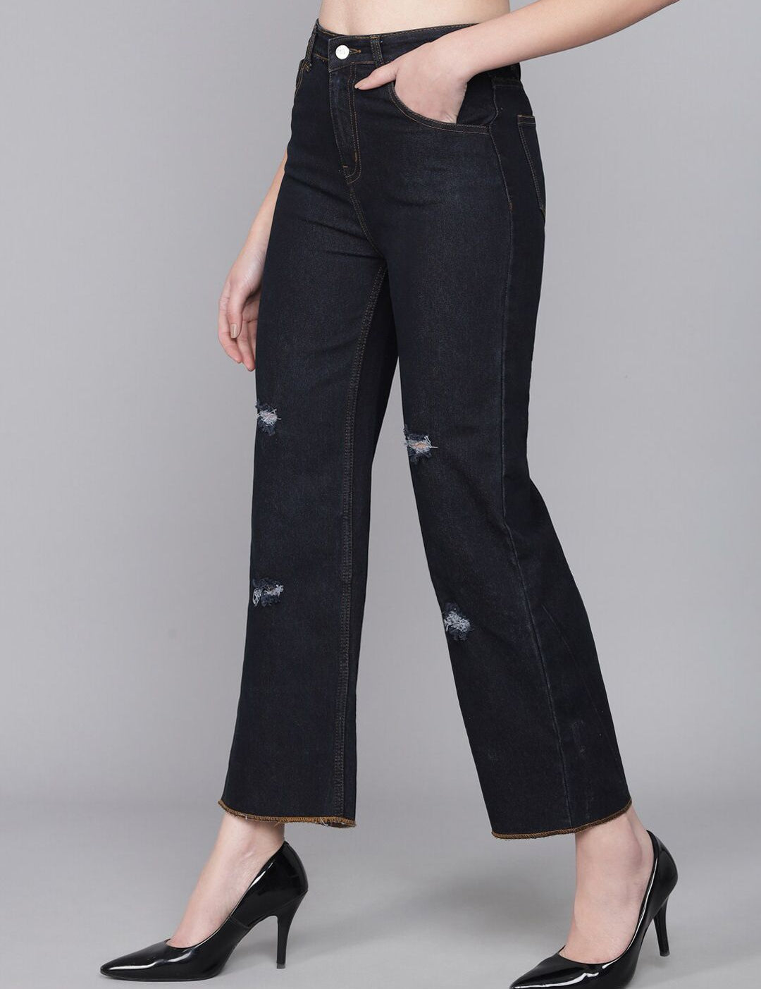 Kotty Women Black Flared High-Rise Mildly Distressed Jeans