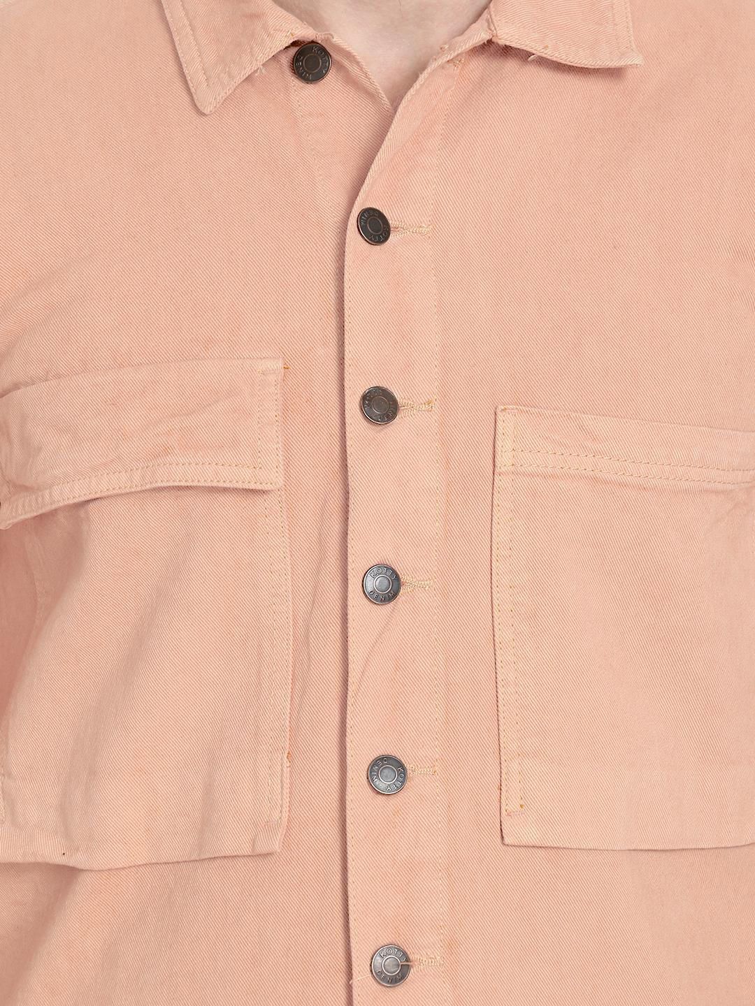 Kotty Men Peach-Coloured Solid Denim Jacket