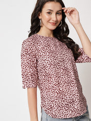 Kotty Round Neck Animal Printed Cuffed Sleeves Top