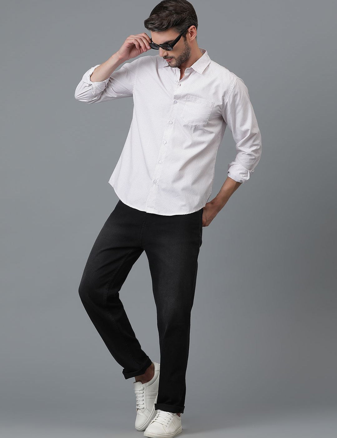 Kotty White Micro Ditsy Printed Spread Collar Casual Shirt