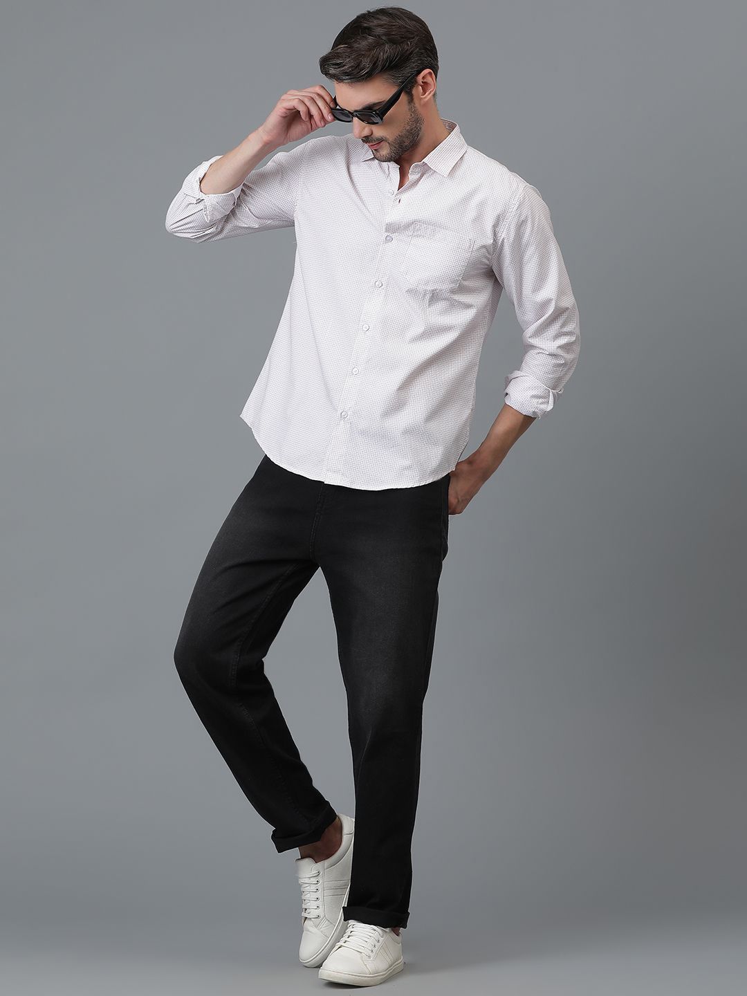 Kotty White Micro Ditsy Printed Spread Collar Casual Shirt