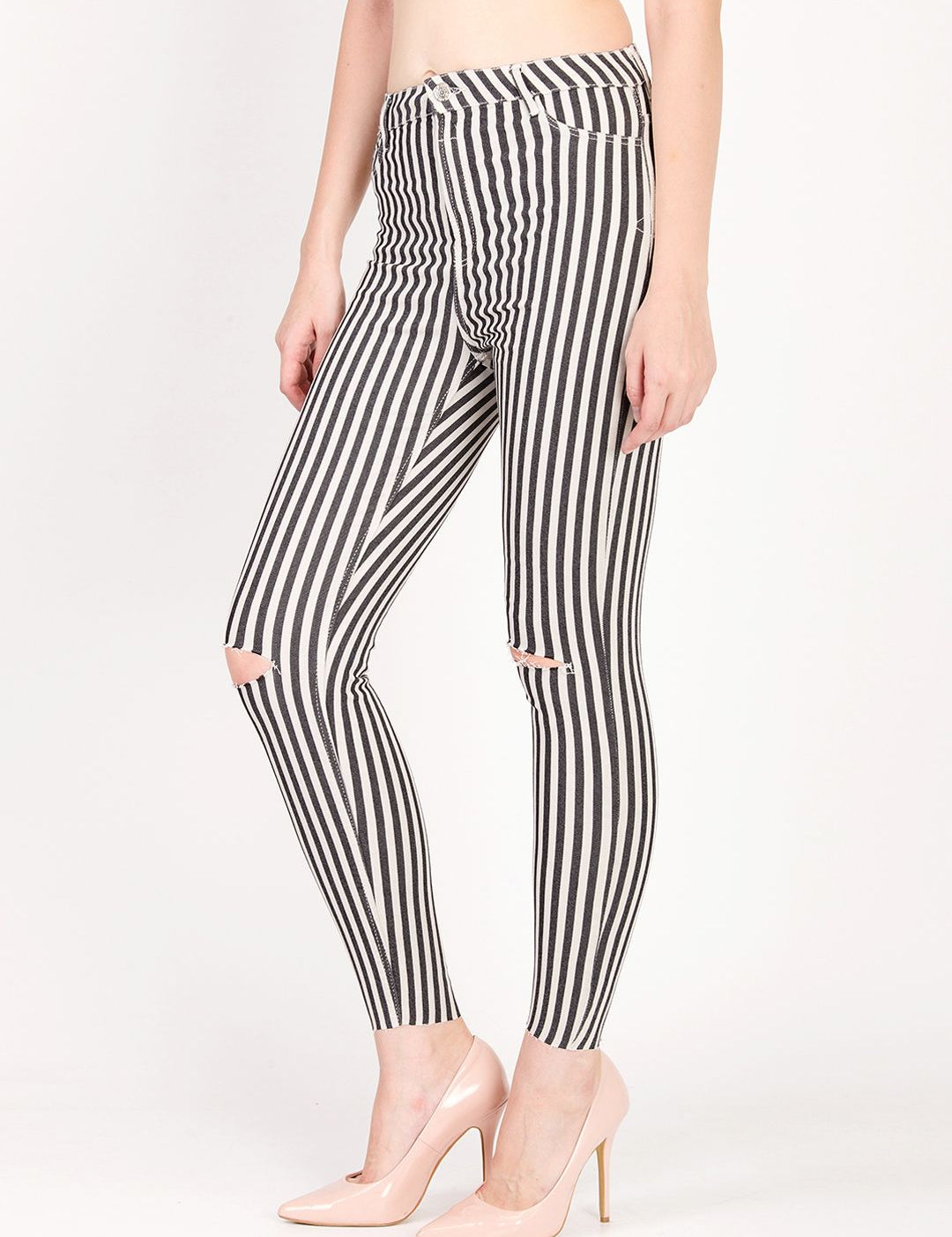 Kotty Women White and Black Striped Skinny Fit High-Rise Distress Jeans