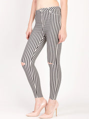 Kotty Women White and Black Striped Skinny Fit High-Rise Distress Jeans