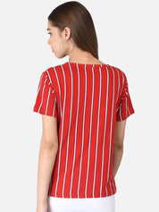 Kotty Women Red & White Striped Round Neck T-shirt