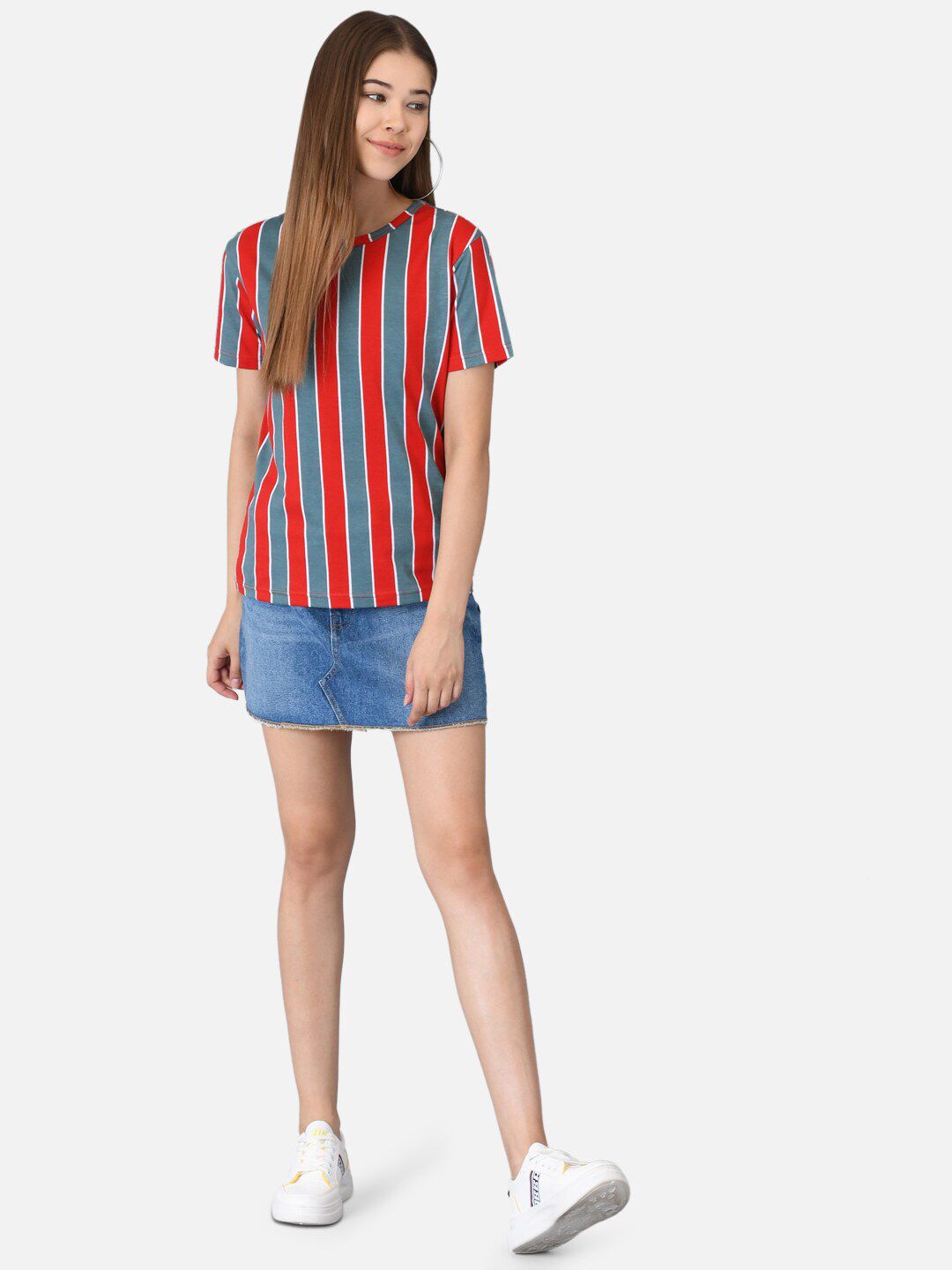 Kotty Women Red & Blue Striped Round Neck T-shirt