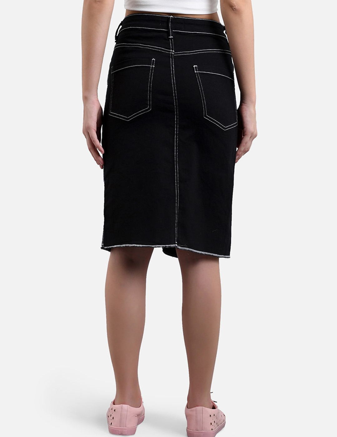 Kotty Women Black Solid Denim Straight Skirt