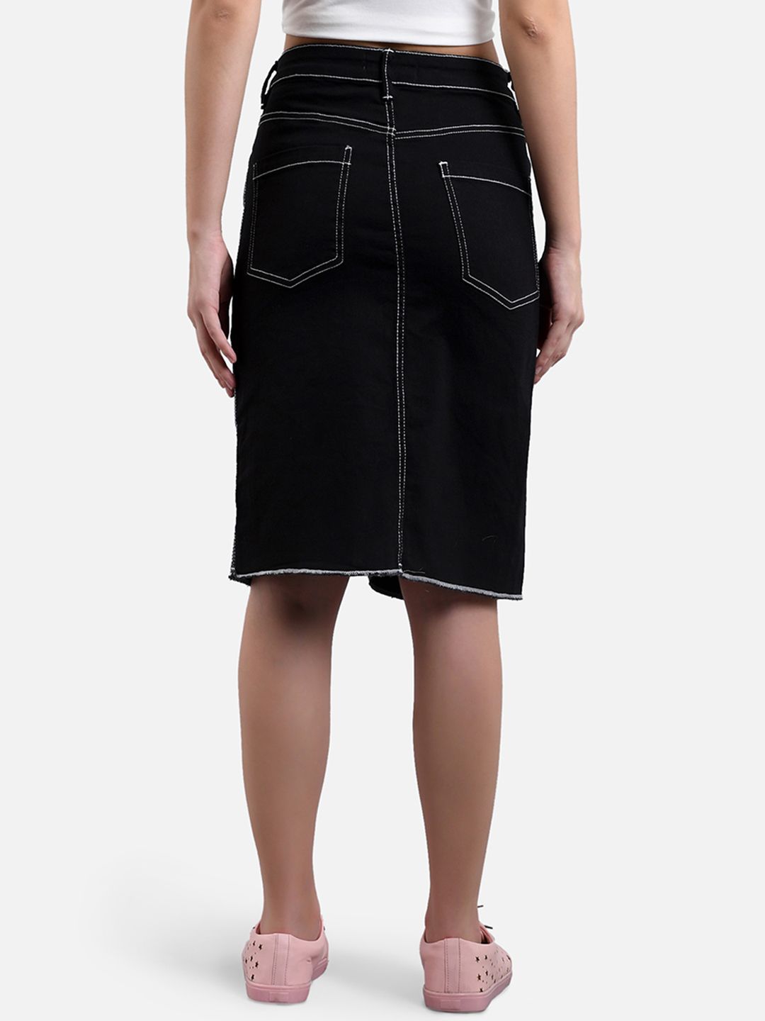 Kotty Women Black Solid Denim Straight Skirt