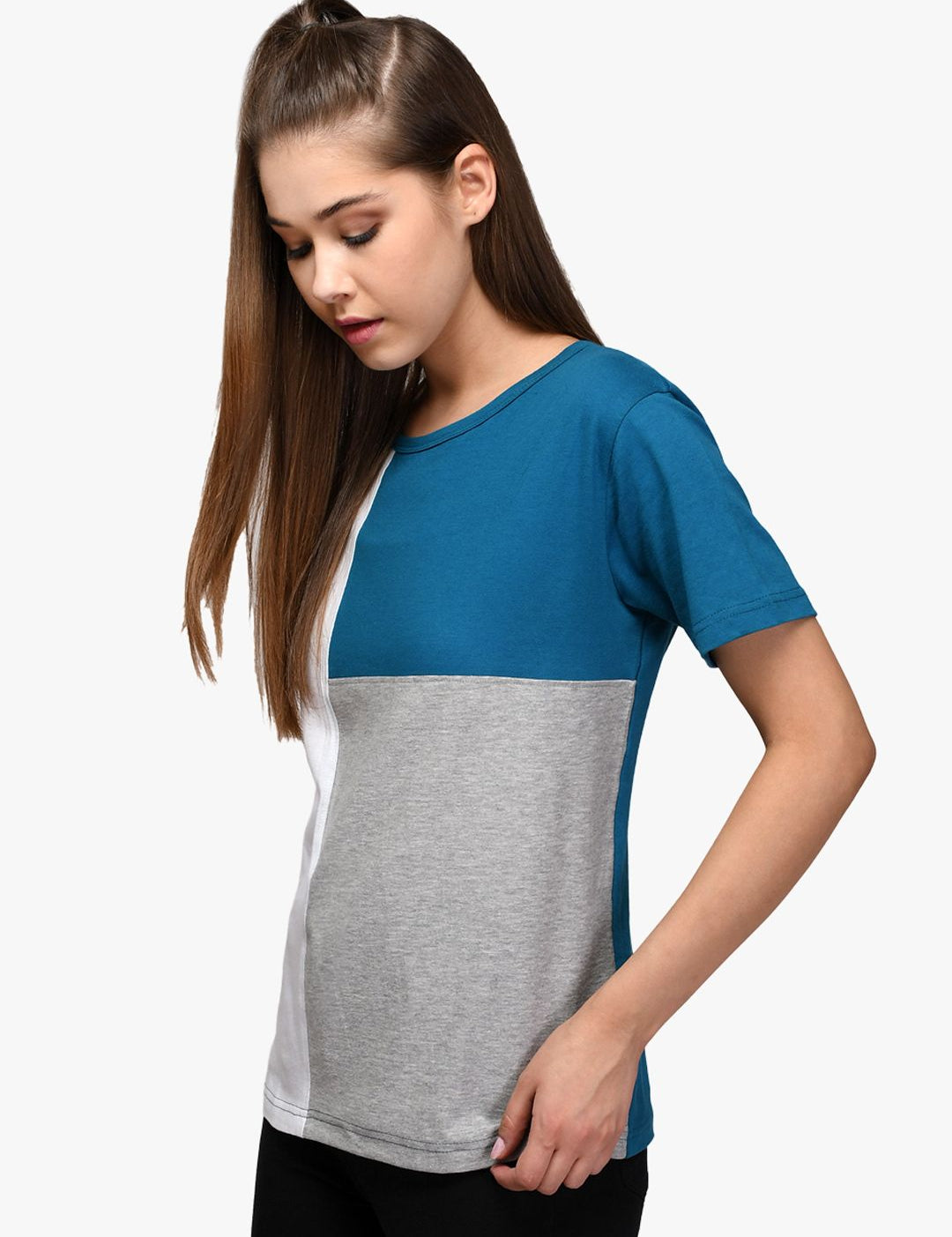 Kotty Women Blue & Grey Colourblocked Round Neck T-shirt