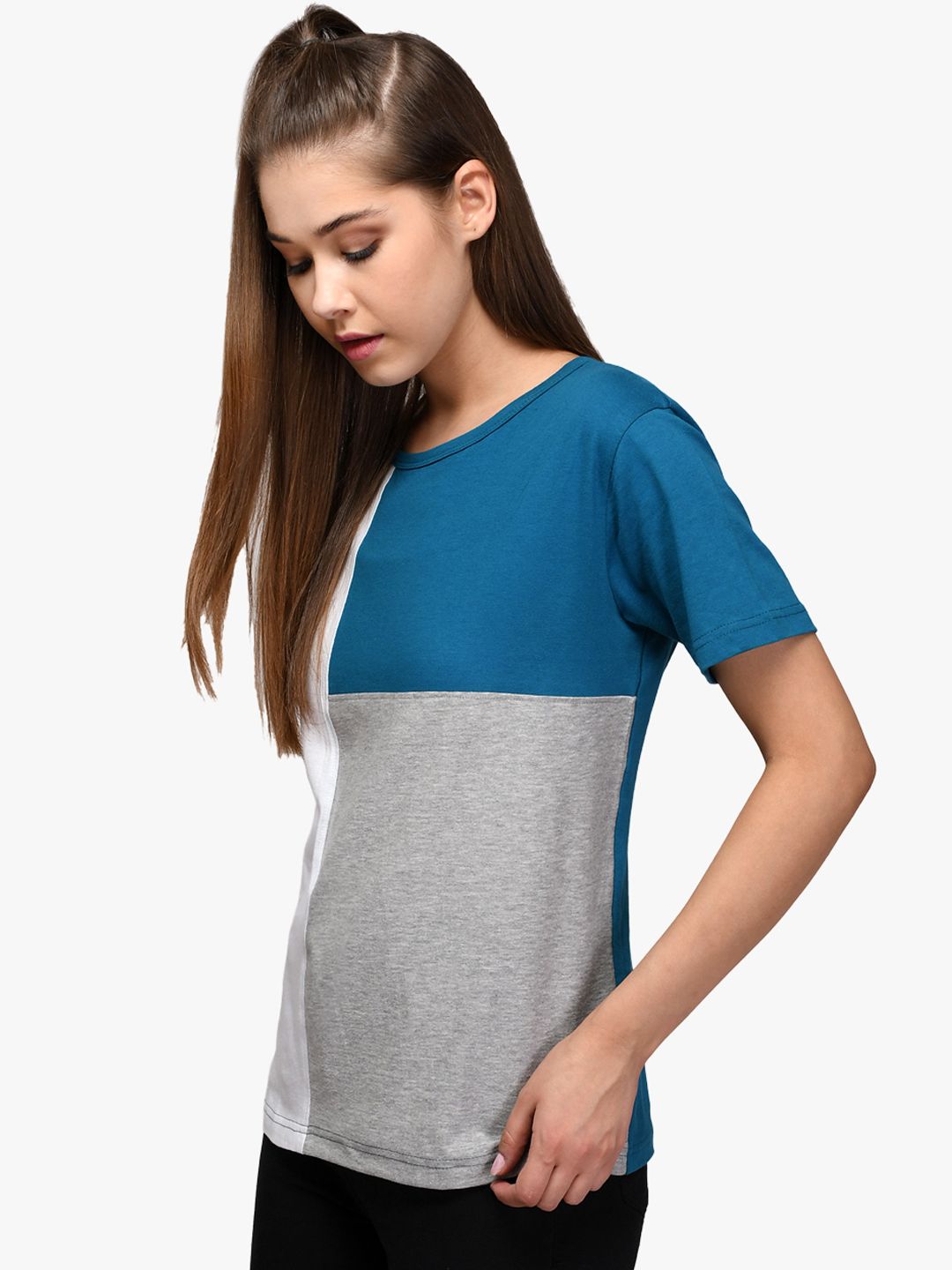 Kotty Women Blue & Grey Colourblocked Round Neck T-shirt