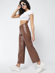Kotty Women Brown Relaxed Straight Fit Cropped PU Leather Parallel Trousers