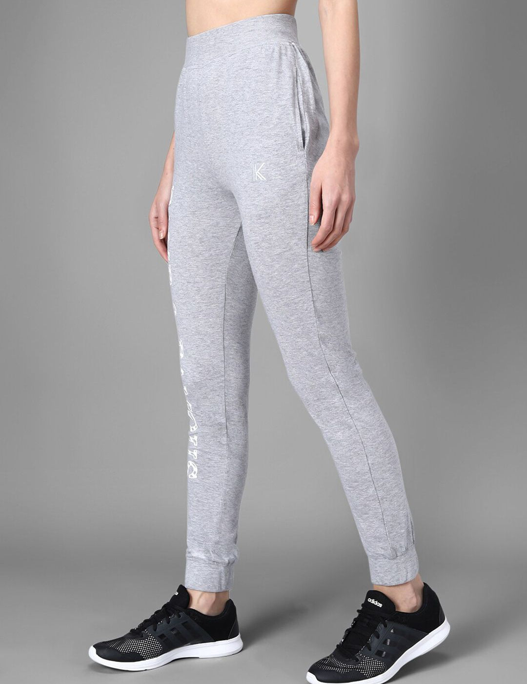 Kotty Women Grey Melange & White Printed Joggers