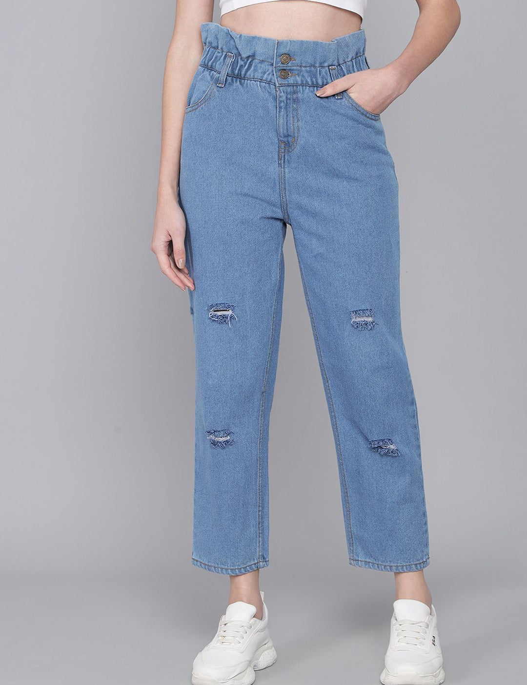 Kotty Women Blue Boyfriend Fit High-Rise Mildly Distressed Jeans