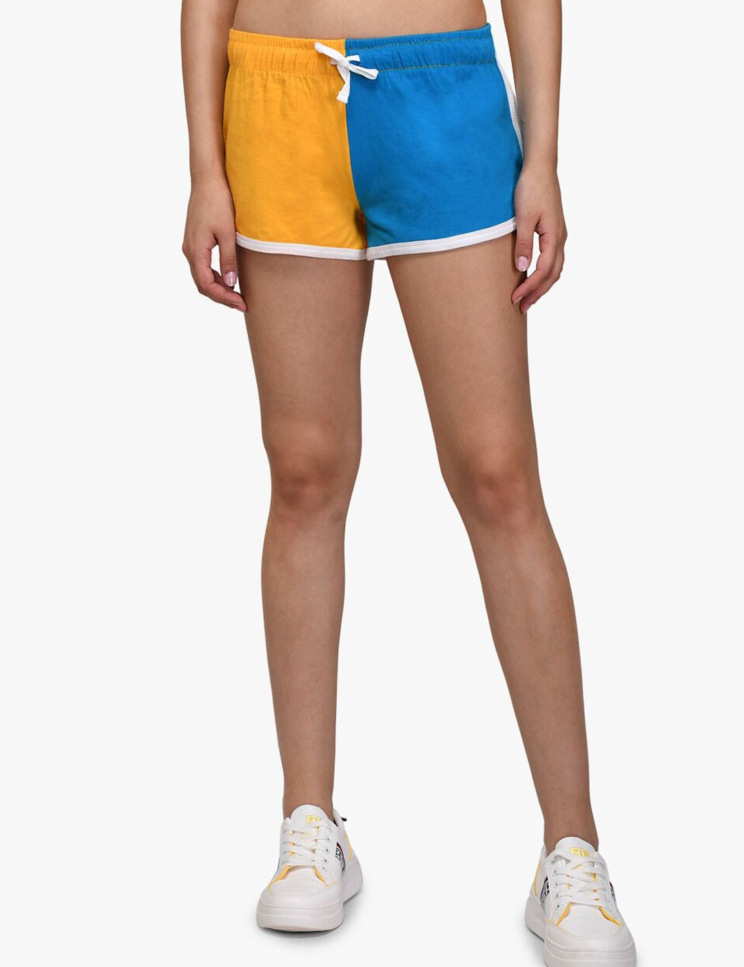 Kotty Women Yellow & Blue Colourblocked Regular Fit Regular Shorts