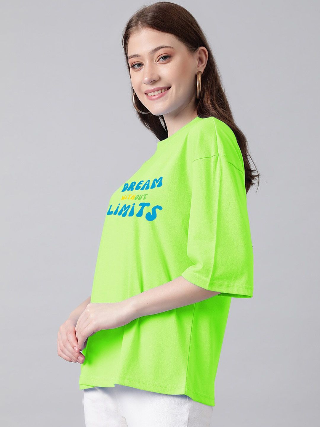 Kotty Lime Green & Blue Typography Printed Drop Shoulder Sleeves Oversized Casual T-Shirt
