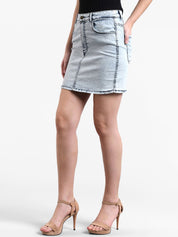 Kotty Women Blue Solid Denim Straight Mini Skirt