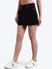 Kotty Women Black Solid Mini Denim A-Line Skirt