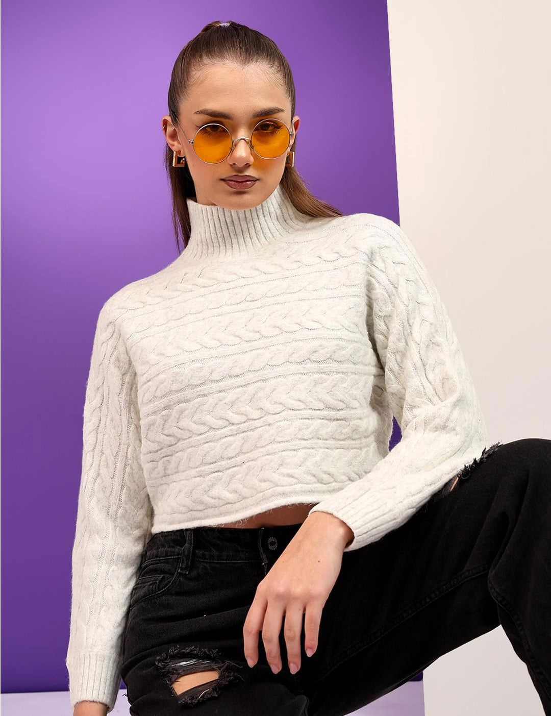 Kotty Women Cable Knit Self Design Cotton Crop Pullover