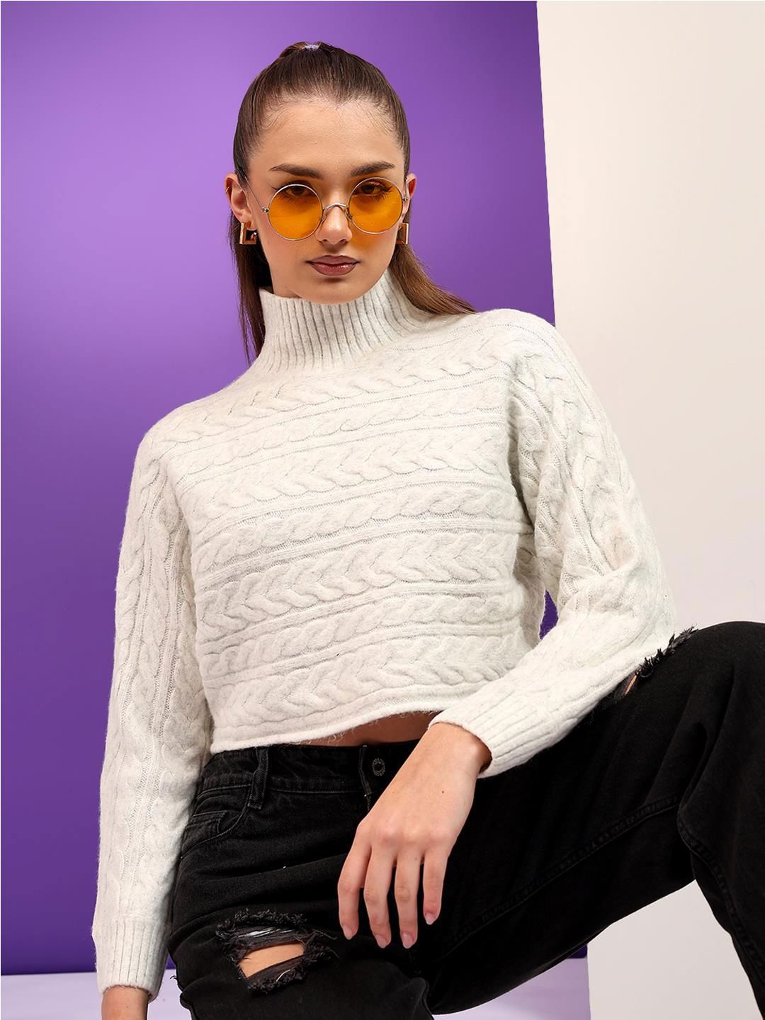 Kotty Women Cable Knit Self Design Cotton Crop Pullover