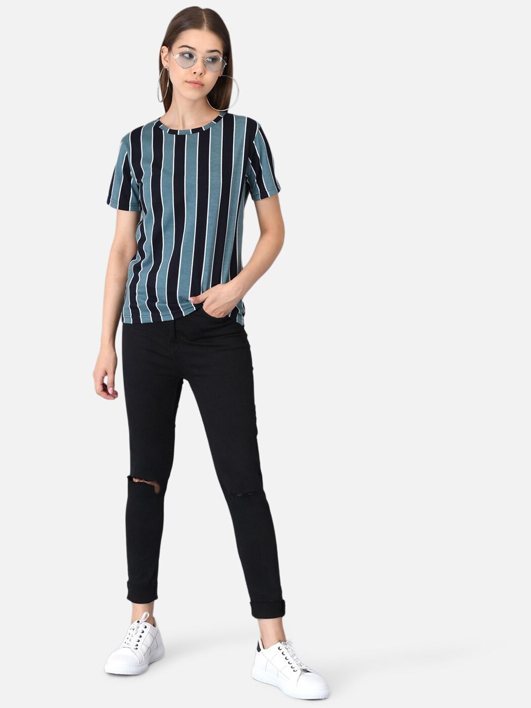 Kotty Women Blue & Black Striped Round Neck T-shirt