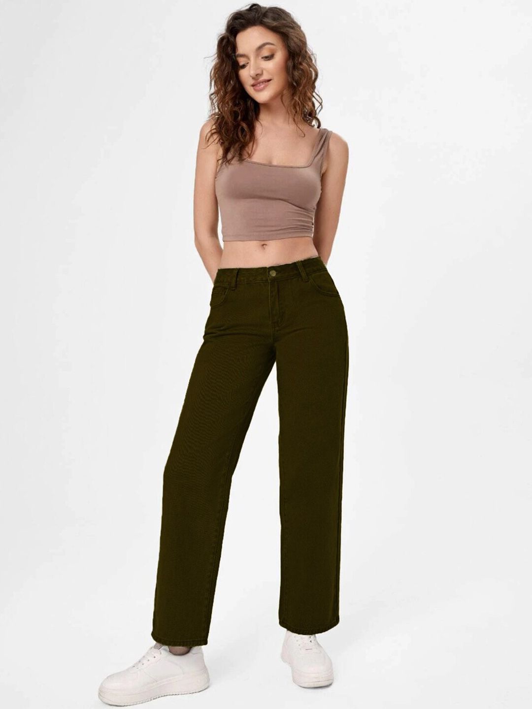 Kotty Women Olive Green Jean Straight Fit Low-Rise Jeans