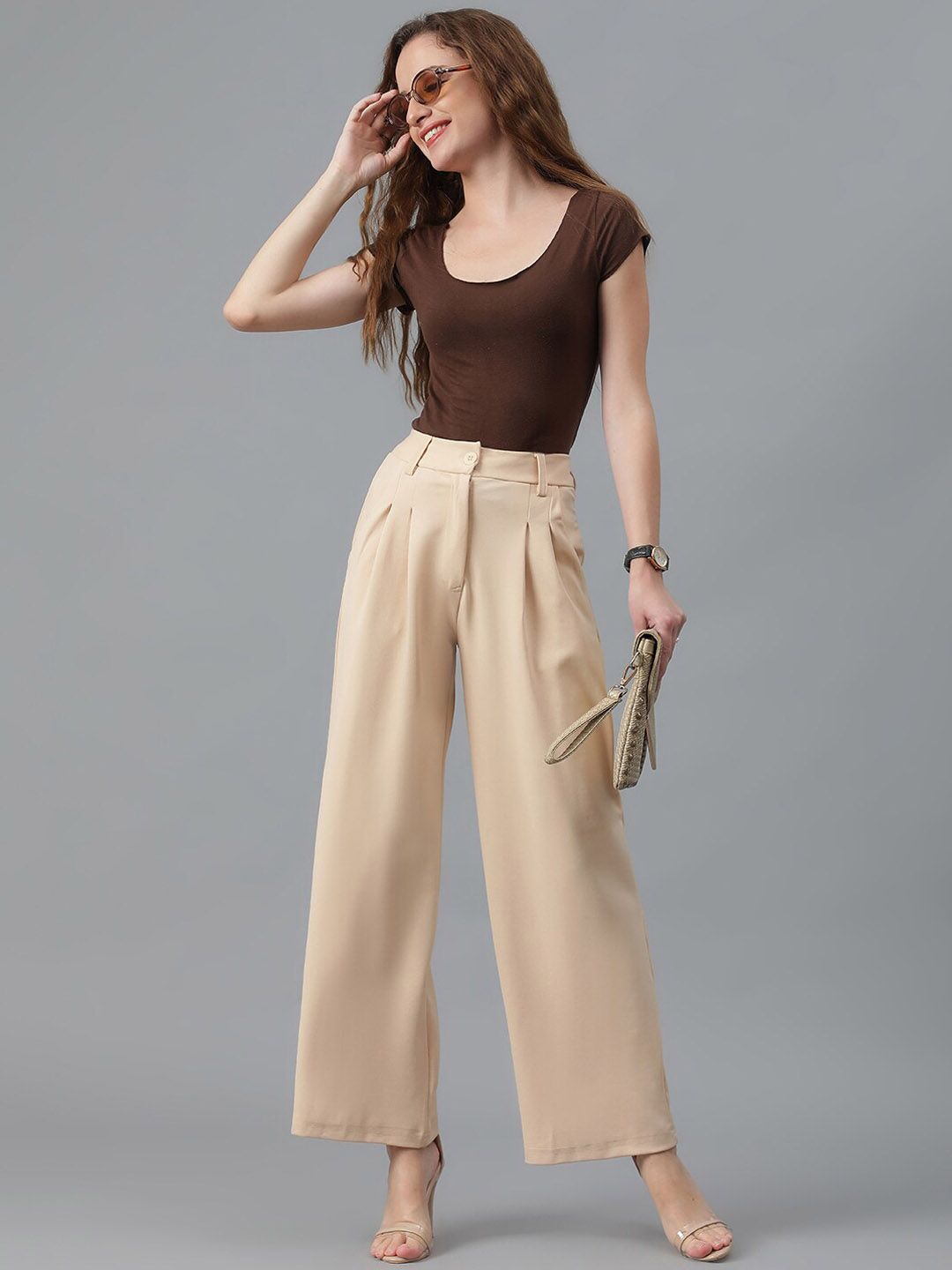 KOTTY BIZwear Women Beige Relaxed Straight Leg High-Rise Easy Wash Parallel Trousers