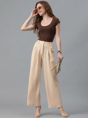 KOTTY BIZwear Women Beige Relaxed Straight Leg High-Rise Easy Wash Parallel Trousers