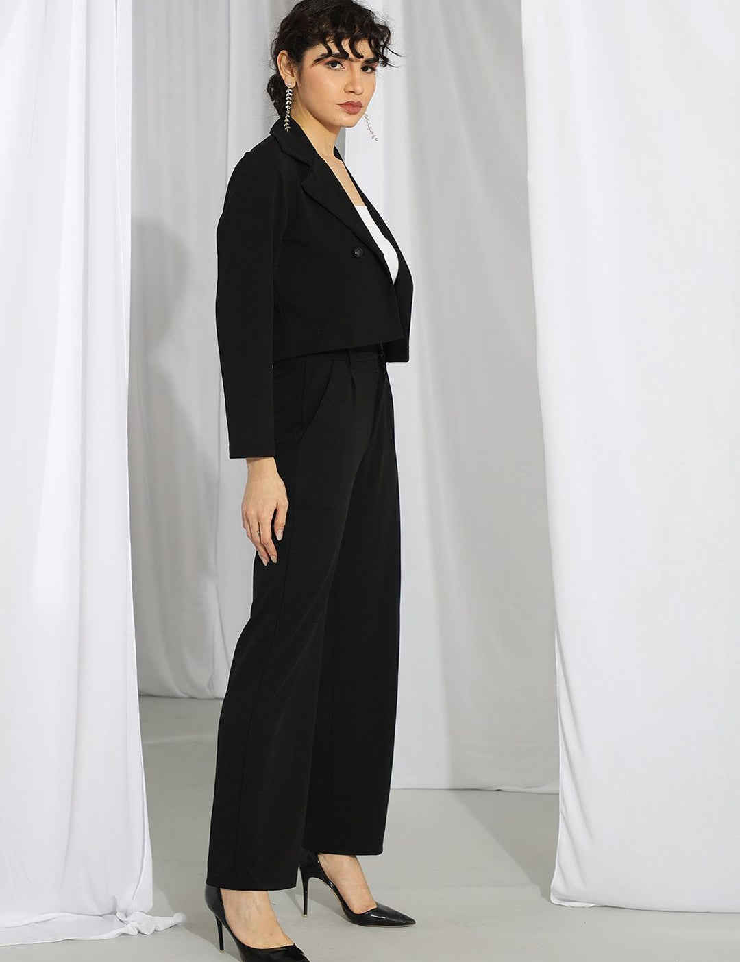 Kotty Women Black Notched Lapel Collar Blazer With Trousers