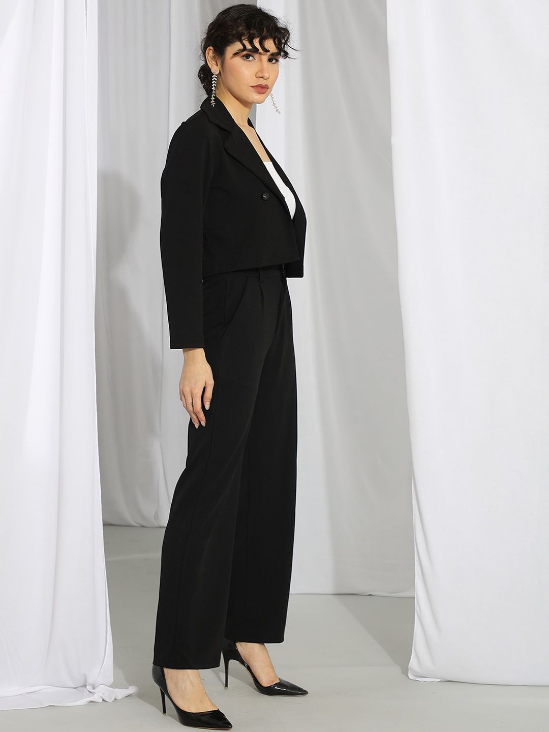 Kotty Women Black Notched Lapel Collar Blazer With Trousers