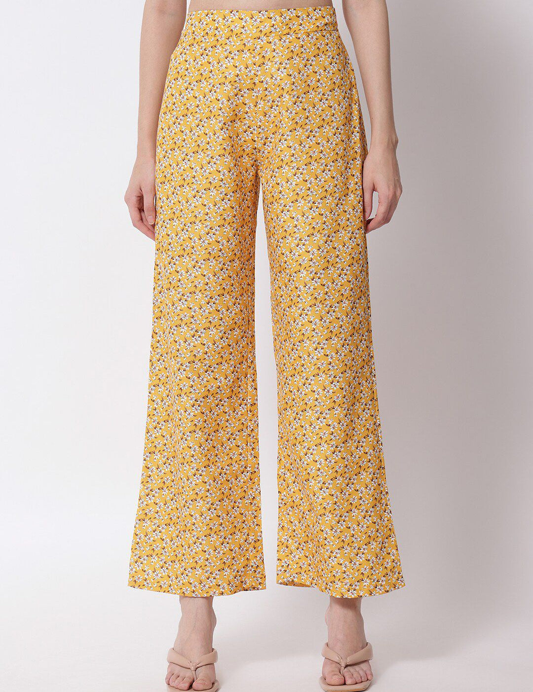 Kotty Women Mustard Yellow Floral Printed Relaxed High-Rise Easy Wash Trousers